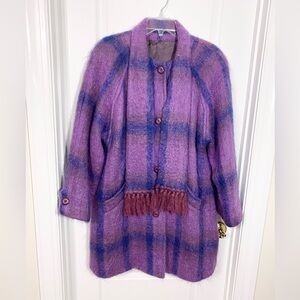 Vintage Donegal Design Mohair Wool Plaid Scarf Coat Purple